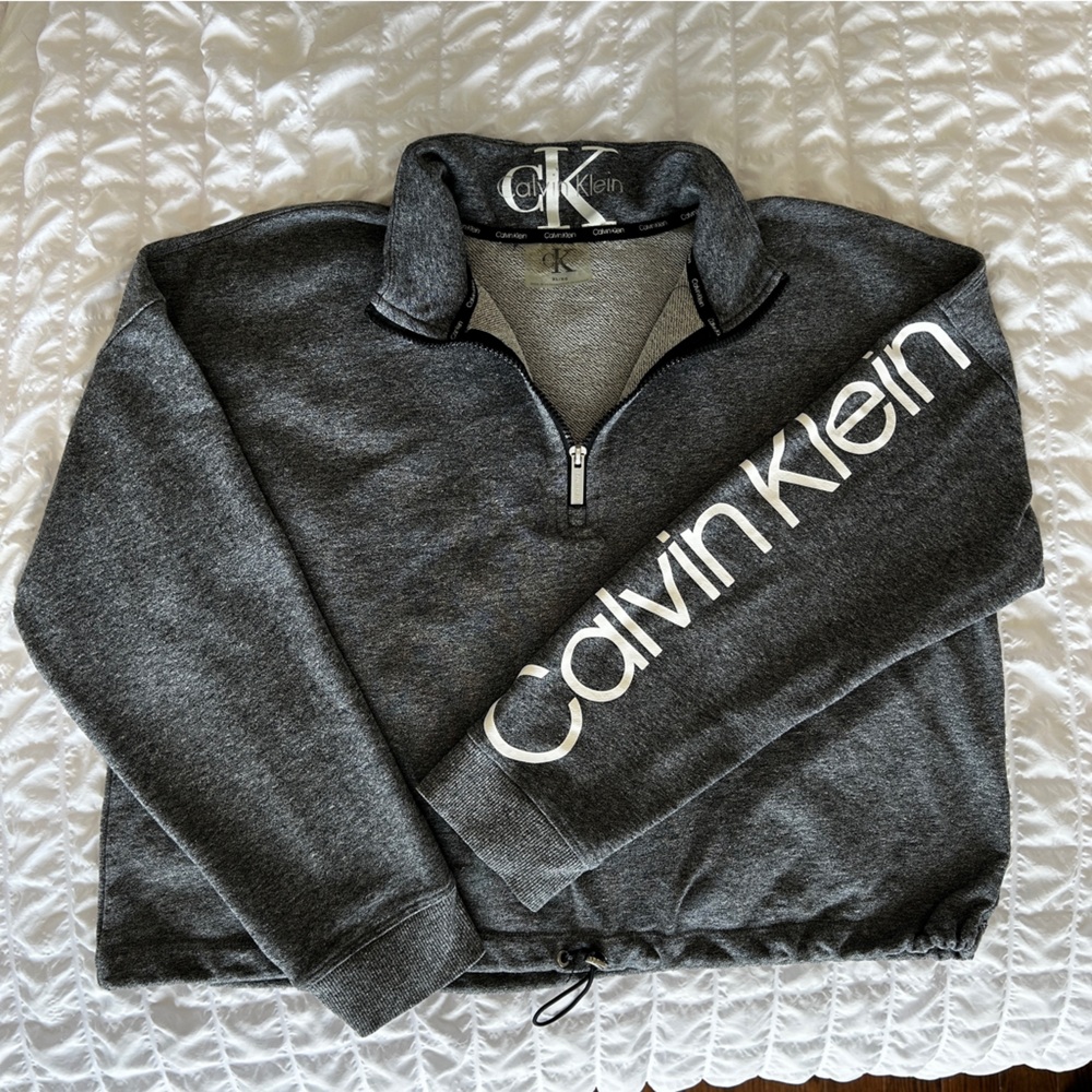 Calvin Klein Crop Half Zip Pullover Sweatshirt Gray White Logo on Sleeve